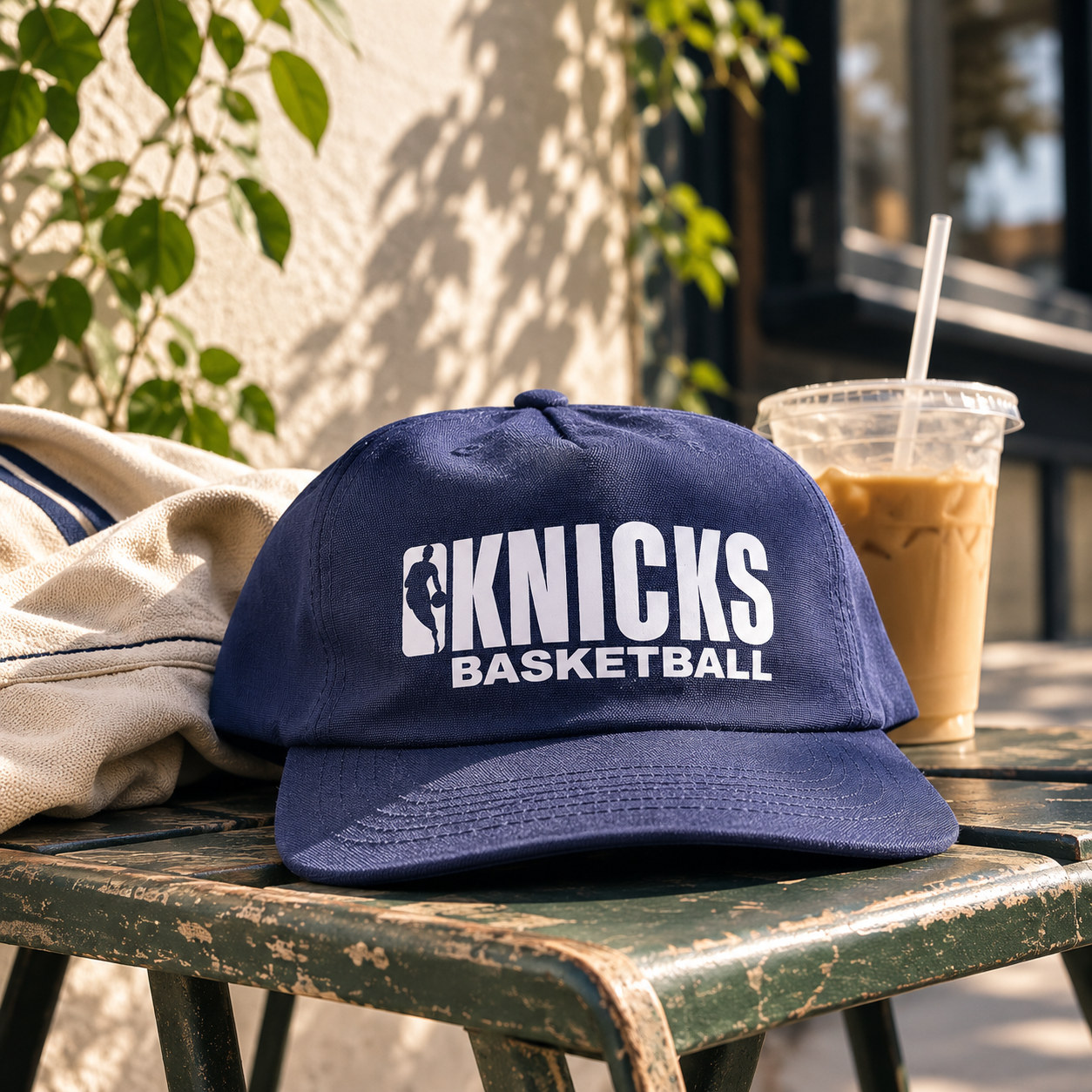 New York Knicks Basketball hat sitting on bench with iced coffee behind it