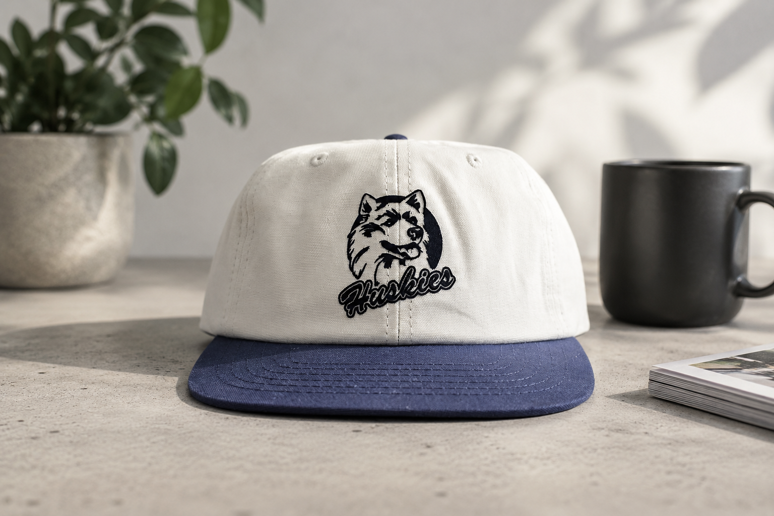 UConn Huskies Hat sitting on desk with coffee behind it