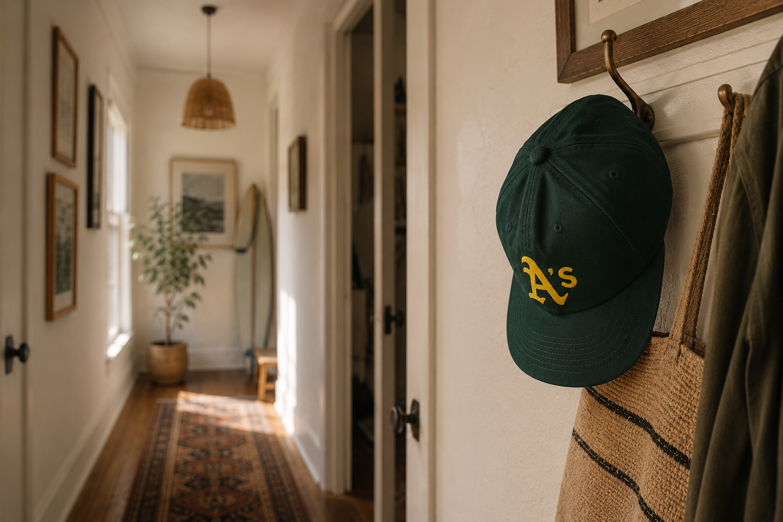 Oakland A's hat hanging in hallway