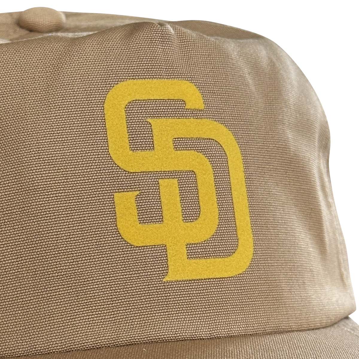 Vintage San Diego Padres Hat | 5 Panel Snapback Hat in khaki with a yellow Padres logo, close up view. My Store, Home page, Baseball.