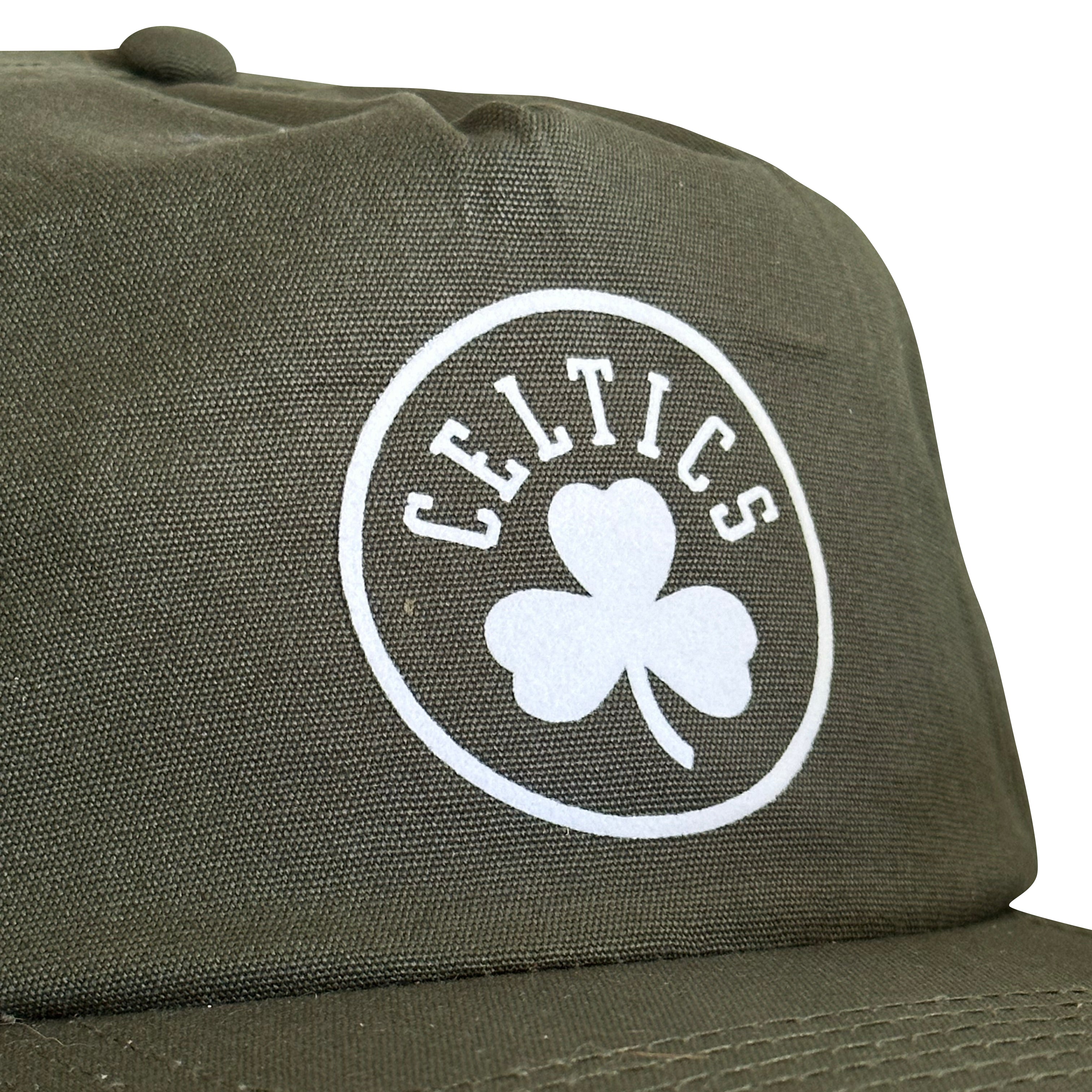 Vintage Boston Celtics Hat | 5 Panel Snapback Hat in forest green with white Celtics shamrock patch by My Store for Home page and Basketball