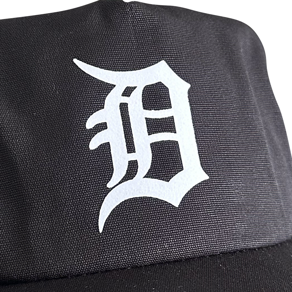 Vintage Detroit Tigers Hat | 5 Panel Black Snapback Hat featuring a white Detroit D logo on black fabric by My Store from Home page, Baseball, Featured Hats