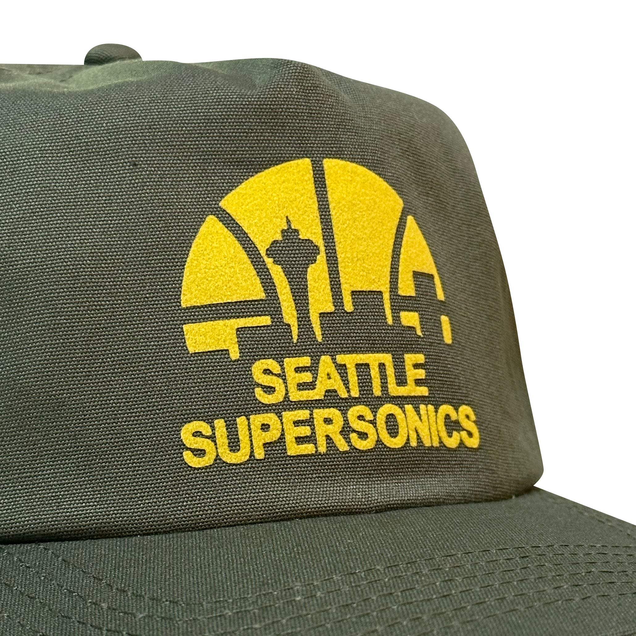 Vintage Seattle Supersonics Hat | 5 Panel Snapback Hat in olive green with yellow Seattle Supersonics skyline logo and stitched front panel by My Store