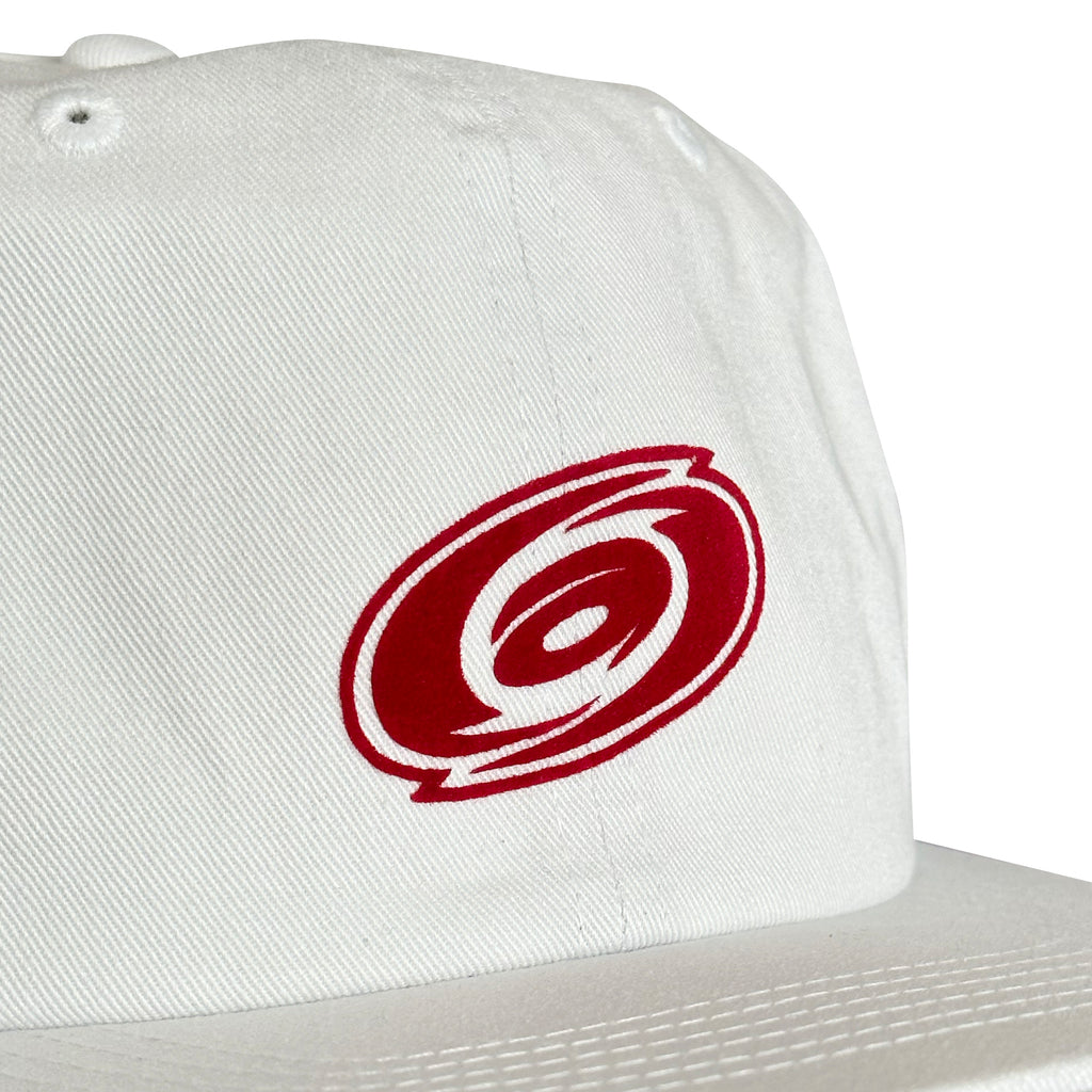 Vintage Carolina Hurricanes Hat | 6 Panel Snapback Hat, white cotton twill cap with red logo by My Store for Home page and Hockey