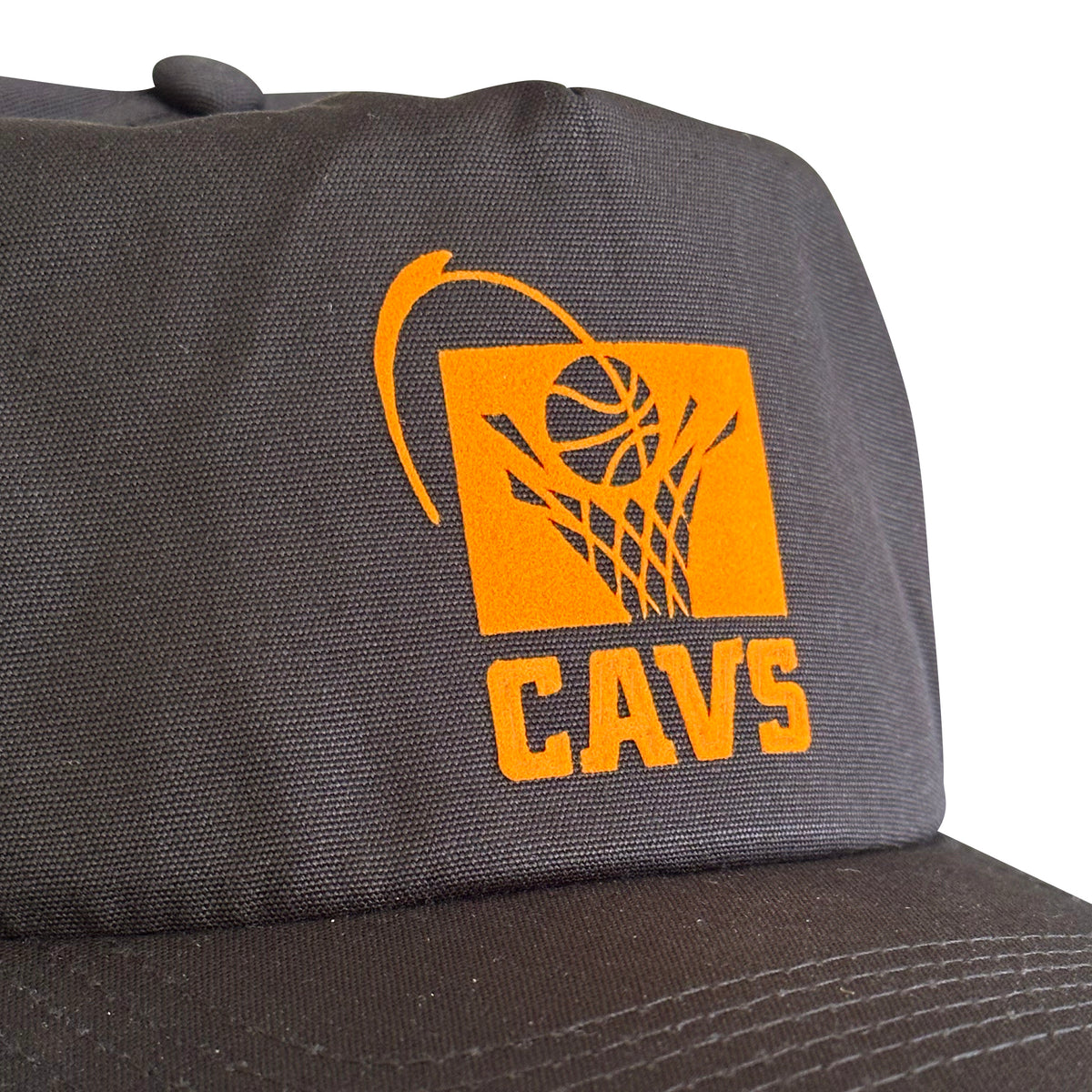 Vintage Cleveland Cavaliers Hat | 5 Panel Black Snapback Hat, black cap with orange Cavaliers basketball hoop logo and CAVS lettering by My Store