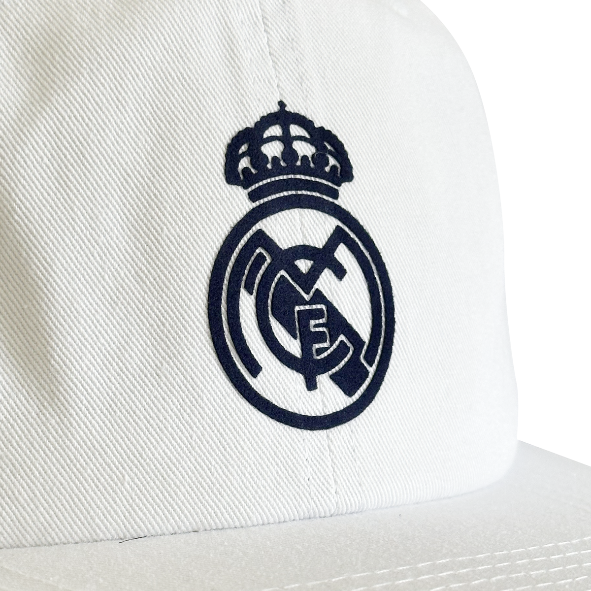 Vintage Real Madrid Hat | 6 Panel Snapback Hat with embroidered Real Madrid crest on white cotton twill, by My Store for Home page, Soccer, Hot Off The Press