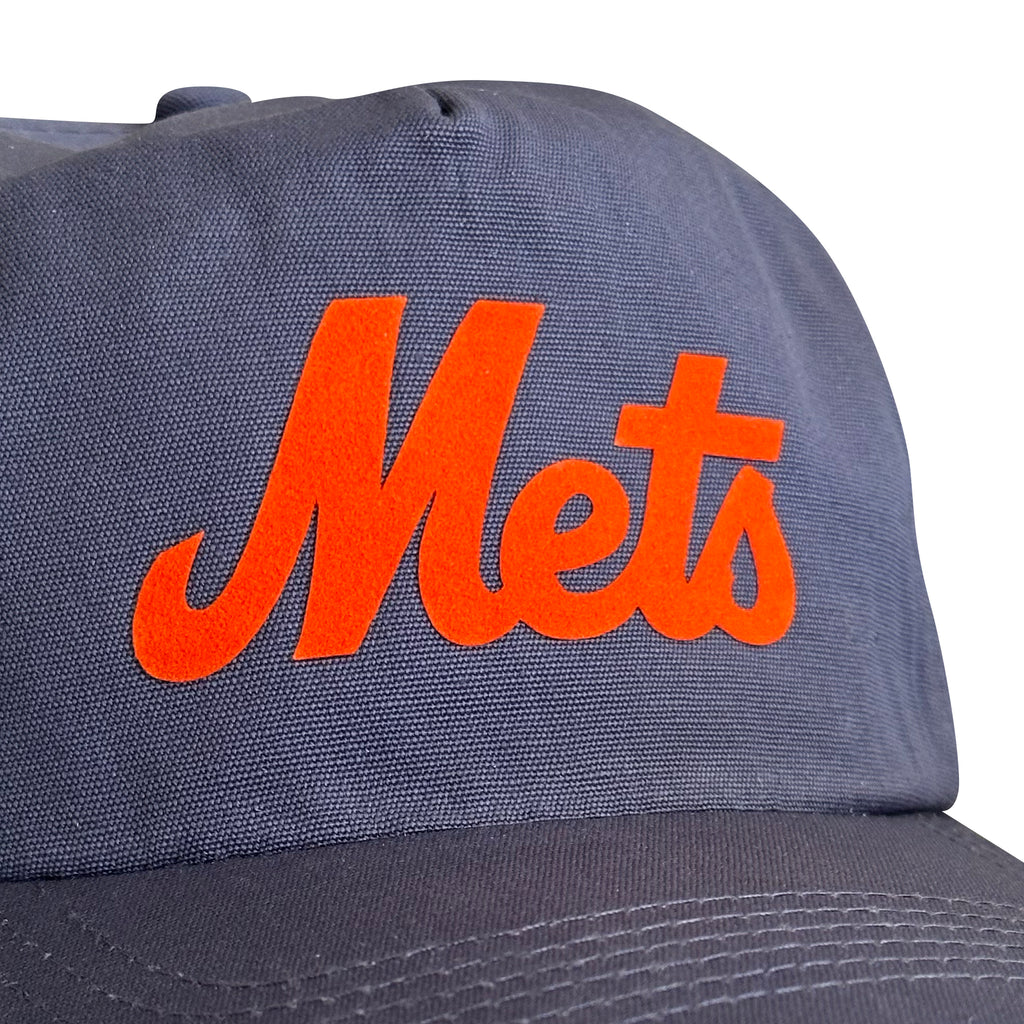Vintage New York Mets Hat | 5 Panel Snapback Hat in navy with bright orange Mets lettering from My Store, featured in Home page and Baseball