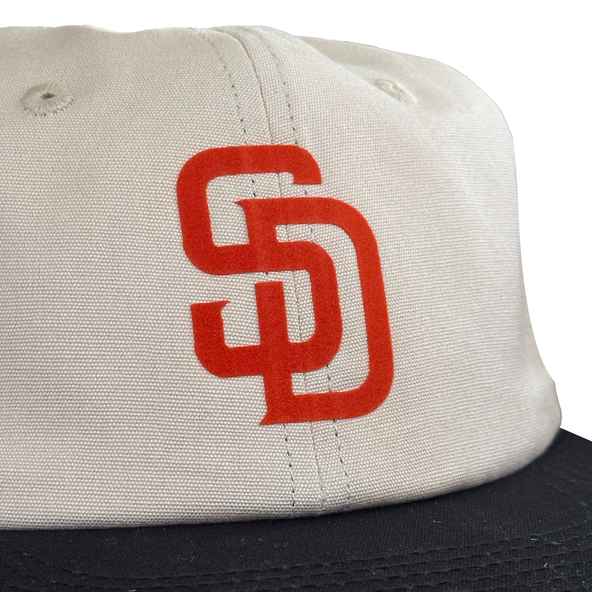 Vintage San Diego Padres Hat | 6 Panel Strapback Hat in cream with red Padres logo and black brim, by My Store for Home page, Baseball, Hot Off The Press