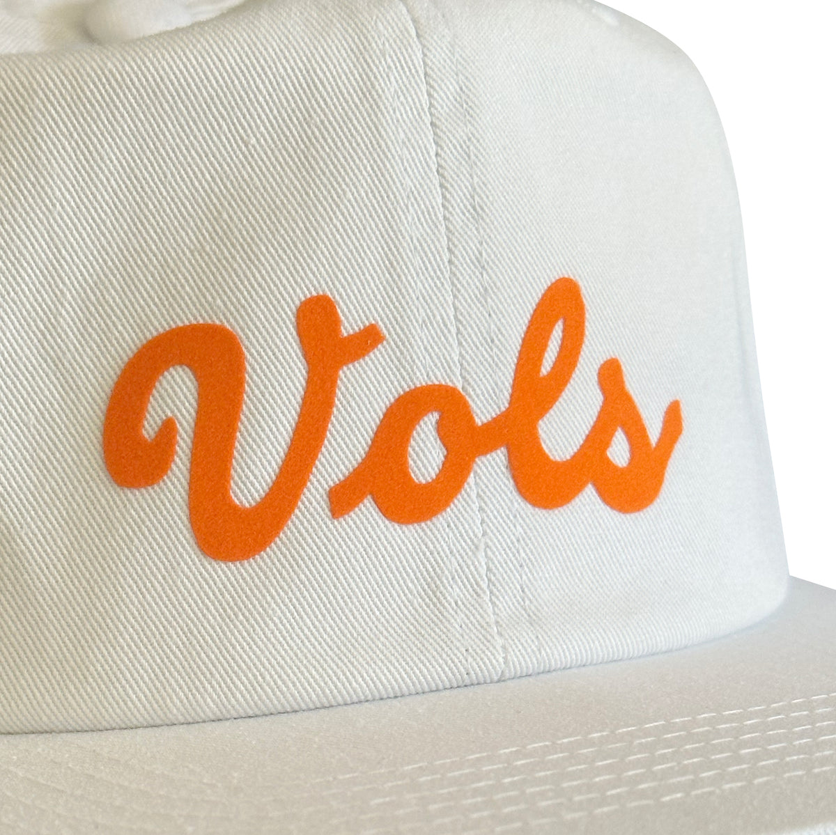 Vintage Tennessee Volunteers Hat | 6 Panel Snapback Hat in cream cotton twill with orange Vols script embroidery by My Store for Home page and College