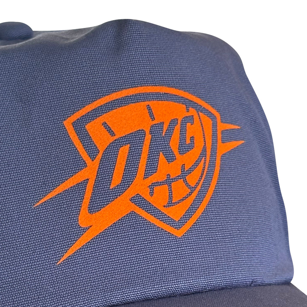 Vintage Oklahoma City Thunder Basketball Hat | 5 Panel Snapback Hat with orange OKC flocked patch on navy fabric from My Store
