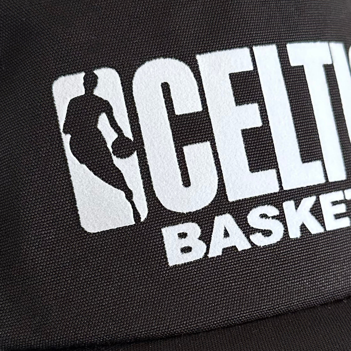 Vintage Boston Celtics Hat | 5 Panel Black Snapback Hat, close up of black fabric with white Celtics basketball logo by My Store in Home page and Basketball