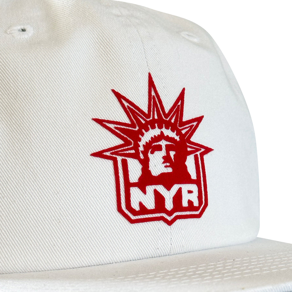 Vintage New York Rangers Hat | 6 Panel Snapback Hat, white cap with red NYR logo from My Store Hockey