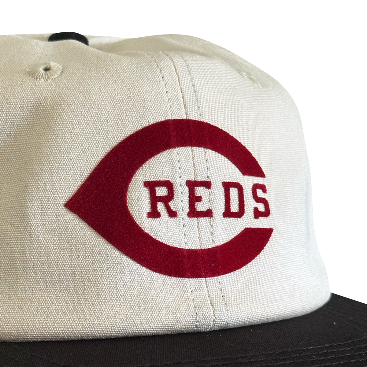 Vintage Cincinnati Reds Hat | 6 Panel Strapback Hat in cream with red Reds logo and black brim closeup product view