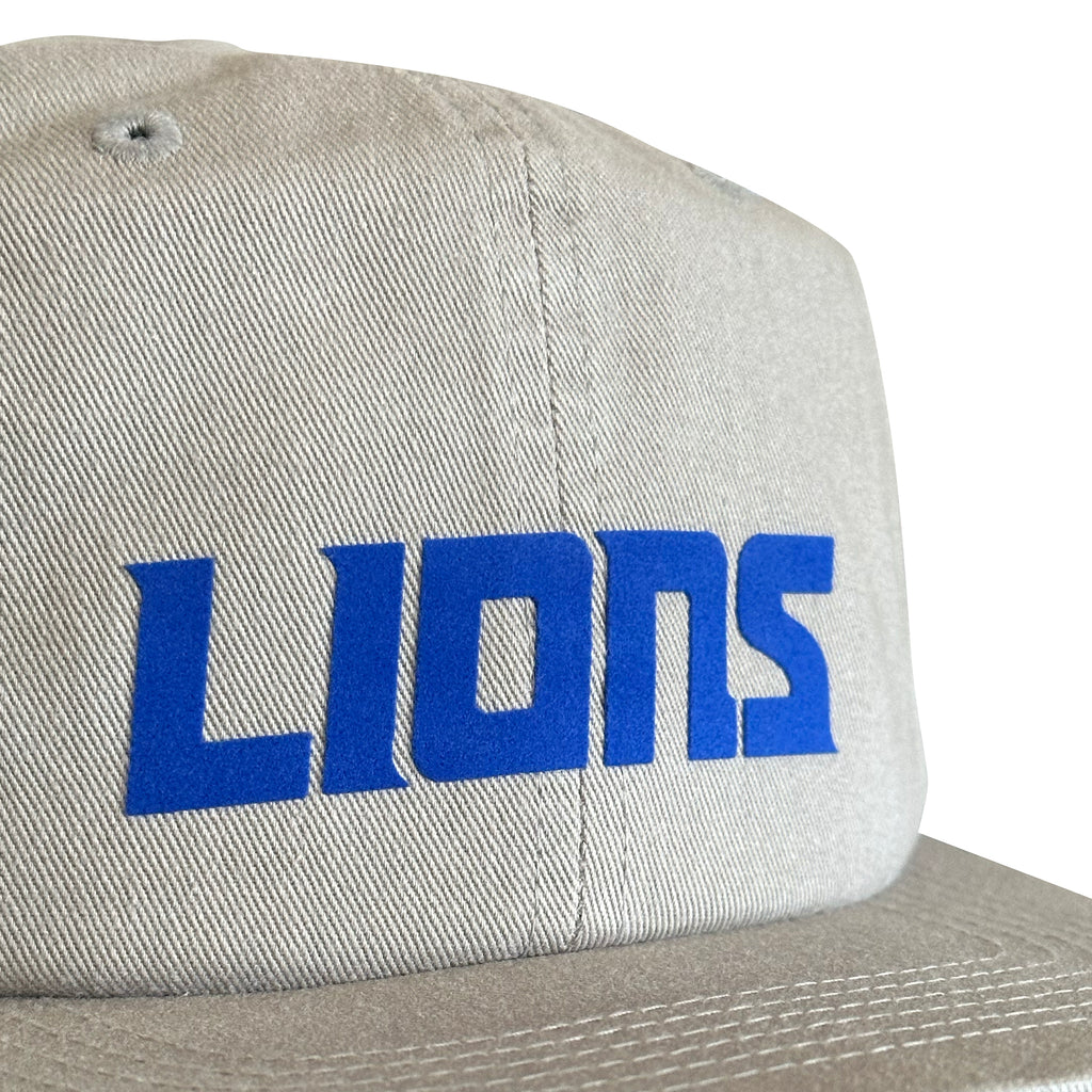 Vintage Detroit Lions Hat | 6 Panel Snapback, beige cap with bold blue Lions lettering from My Store for Home page and Football collection