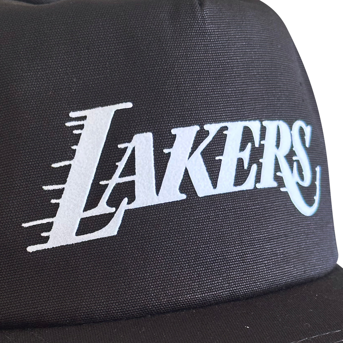 Vintage Los Angeles Lakers Hat (White) | 5 Panel Snapback Hat with Lakers logo, shown in close-up, from My Store Basketball collection Home page