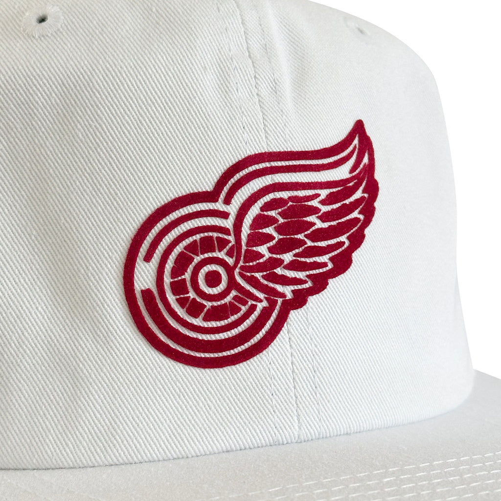 Vintage Detroit Red Wings Hat | 6 Panel Snapback Hat in white with embroidered red winged-wheel logo from My Store, featured in Home page and Hockey