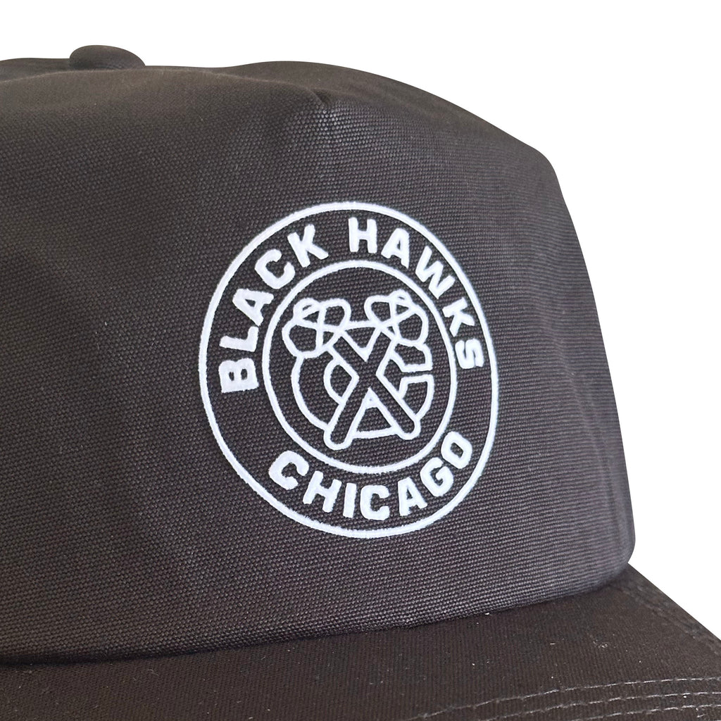 Vintage Chicago Blackhawks Hat | 5 Panel Black Snapback Hat, black cap with white Chicago Blackhawks logo, by My Store, from Home page, Hockey, Hot Off The Press