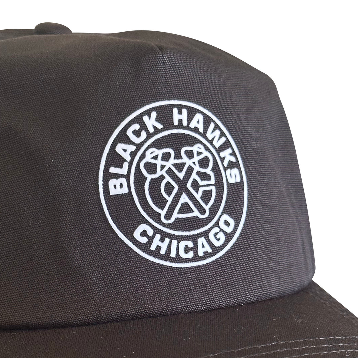 Vintage Chicago Blackhawks Hat | 5 Panel Black Snapback Hat, black cap with white Chicago Blackhawks logo, by My Store, from Home page, Hockey, Hot Off The Press