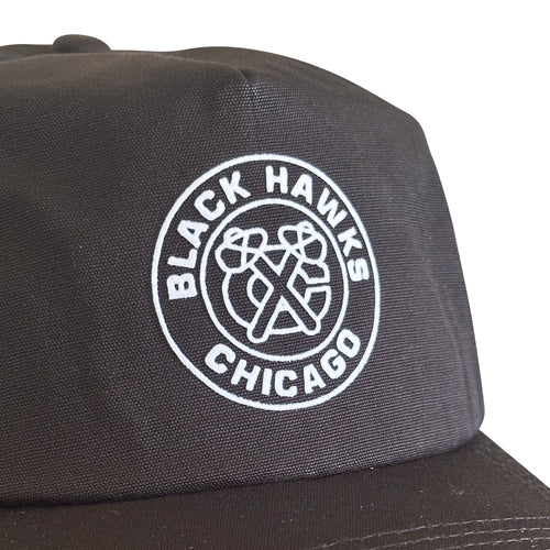 Vintage Chicago Blackhawks Hat | 5 Panel Black Snapback Hat, black cap with white Chicago Blackhawks logo, by My Store, from Home page, Hockey, Hot Off The Press