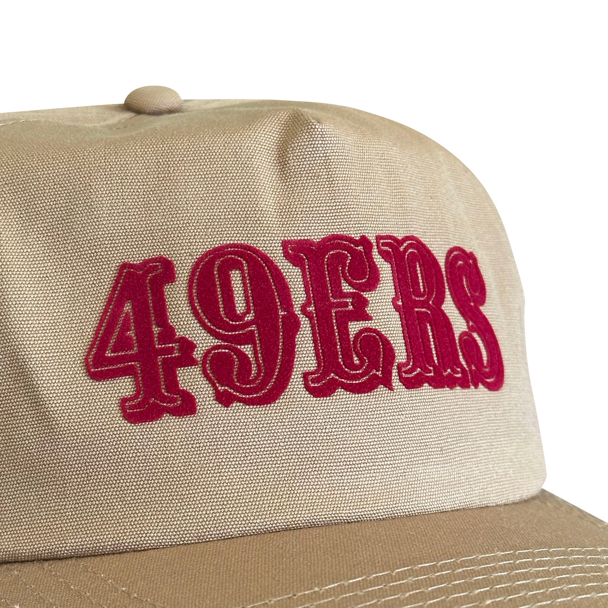 Vintage San Francisco 49ers Hat | 5 Panel Snapback Hat in tan with red flocked 49ers lettering by My Store for Football