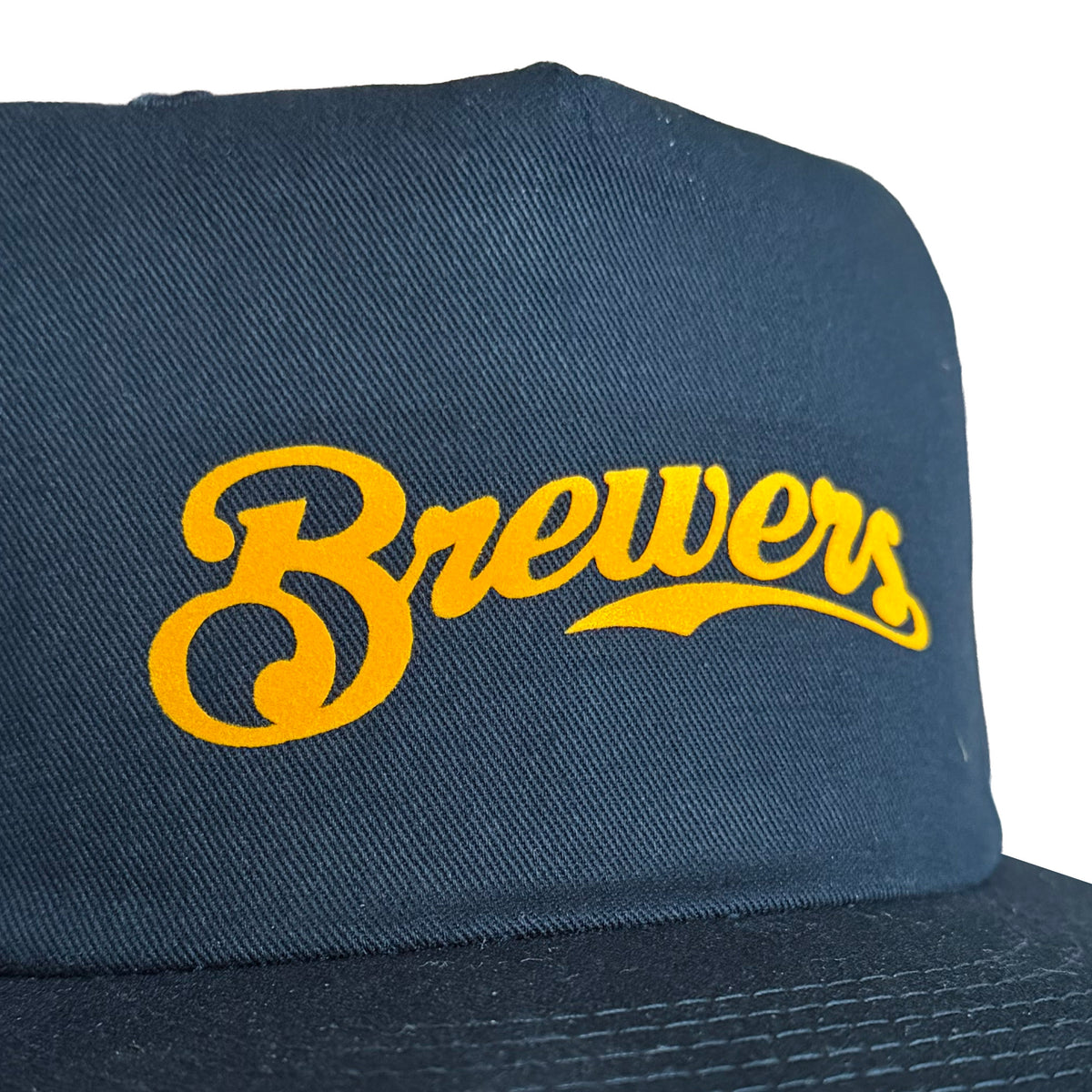 Vintage Milwaukee Brewers Hat | 5 Panel Snapback Hat in navy with a yellow Brewers logo from My Store's Baseball and Featured Hats collections