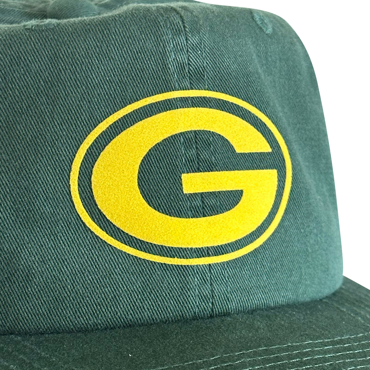 Vintage Green Bay Packers Hat | 6 Panel Snapback Hat, green cap with yellow Packers G logo from My Store for Home page, Football, Hot Off The Press