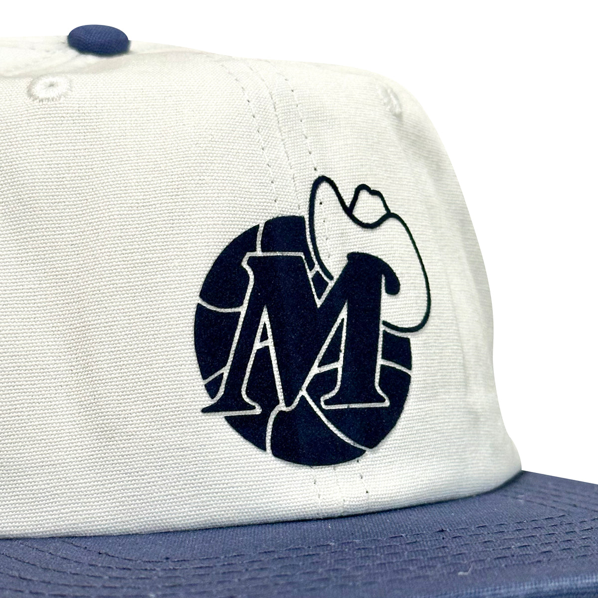 Vintage Dallas Mavericks Hat | 6 Panel Strapback Hat in cream and navy with vintage logo patch, from My Store for Home page and Basketball collection