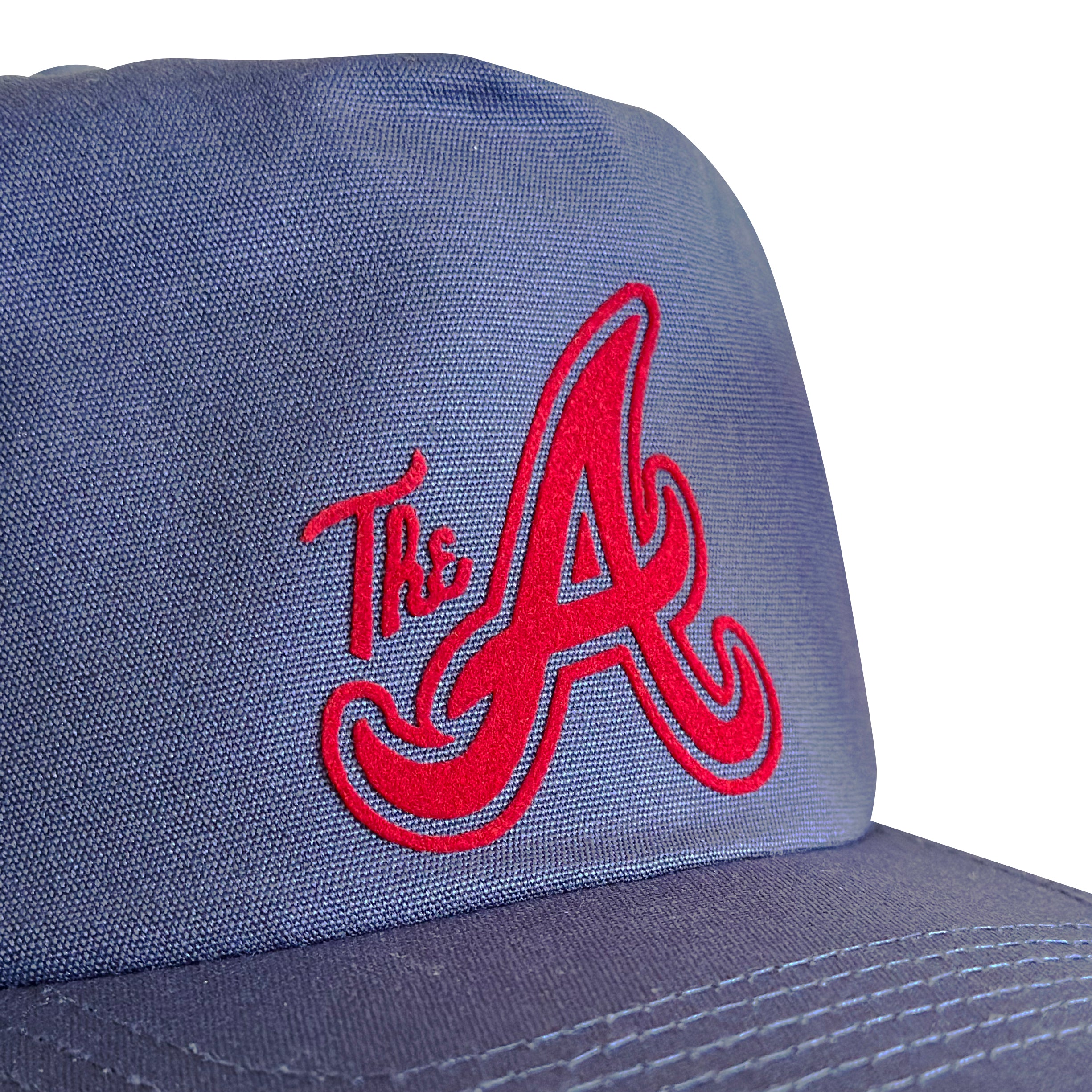 Vintage Atlanta Braves Hat | 5 Panel Snapback Hat in navy blue with red embroidered Braves logo from My Store's Home page and Baseball collection