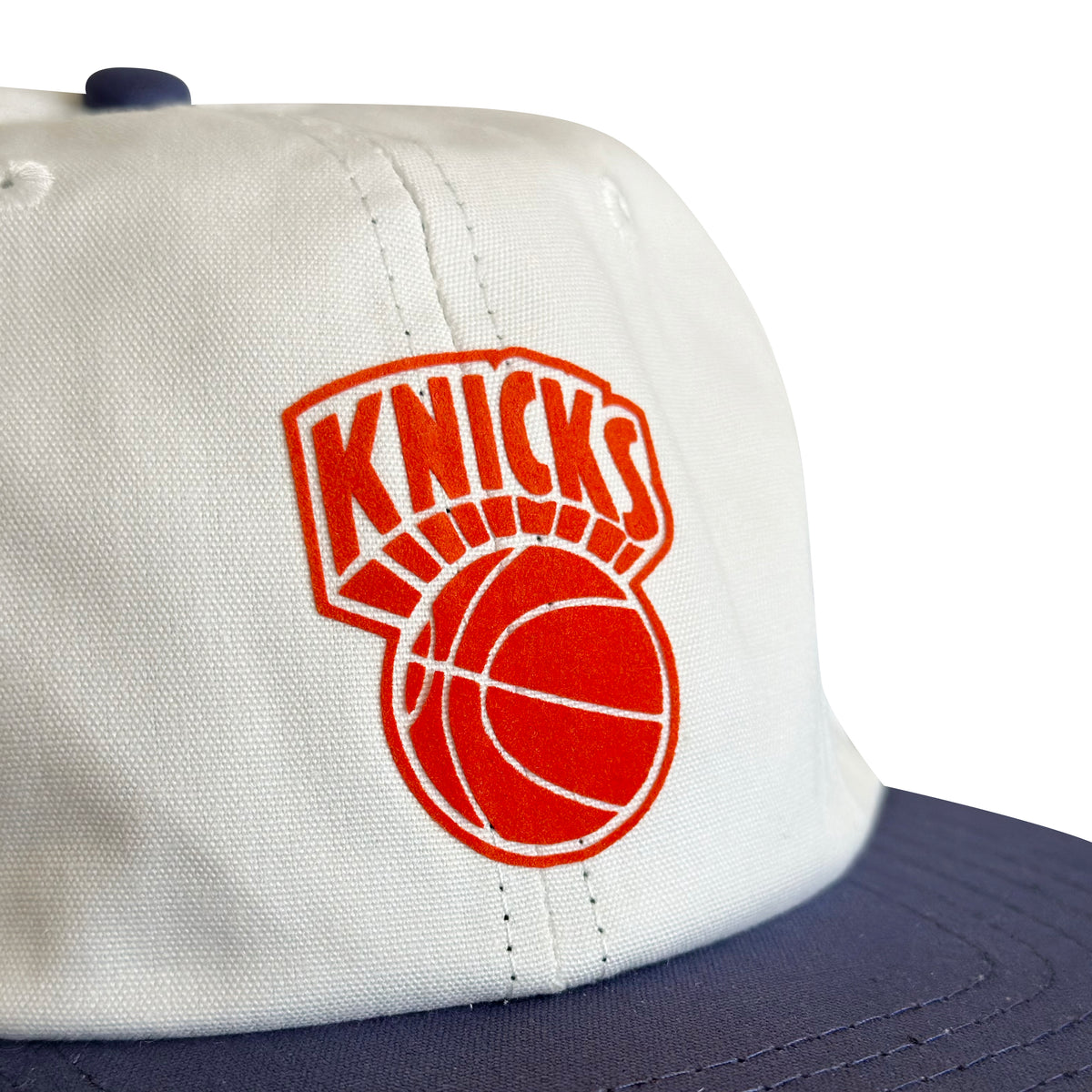 Vintage New York Knicks Hat | 6 Panel Strapback Hat, white and navy cap with orange Knicks basketball patch from My Store for Basketball fans