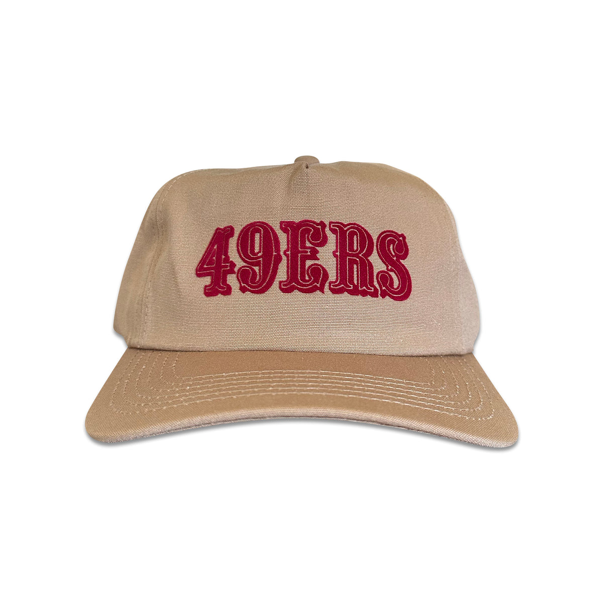 Vintage San Francisco 49ers Hat | 5 Panel Snapback Hat, tan hat with red 49ers lettering from My Store for Home page, Football, and Hot Off The Press