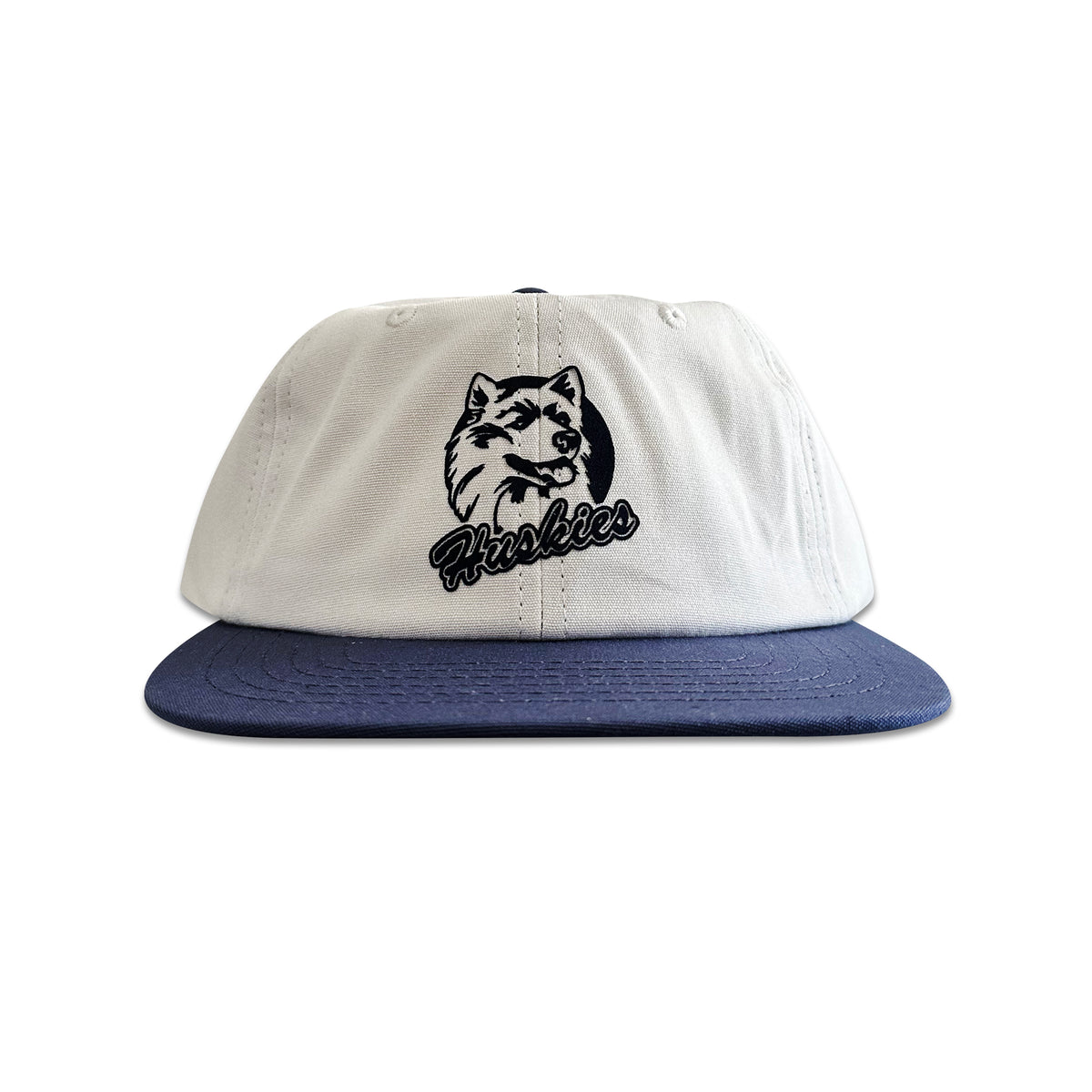 Vintage UConn Huskies Hat | 6 Panel Strapback Hat in white and navy with a Husky graphic patch and flat brim from My Store