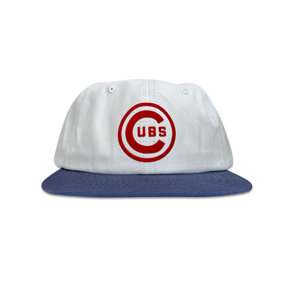 Vintage Chicago Cubs Hat | 6 Panel Strapback Hat in white and navy with a red Cubs logo by My Store, Home page, Baseball