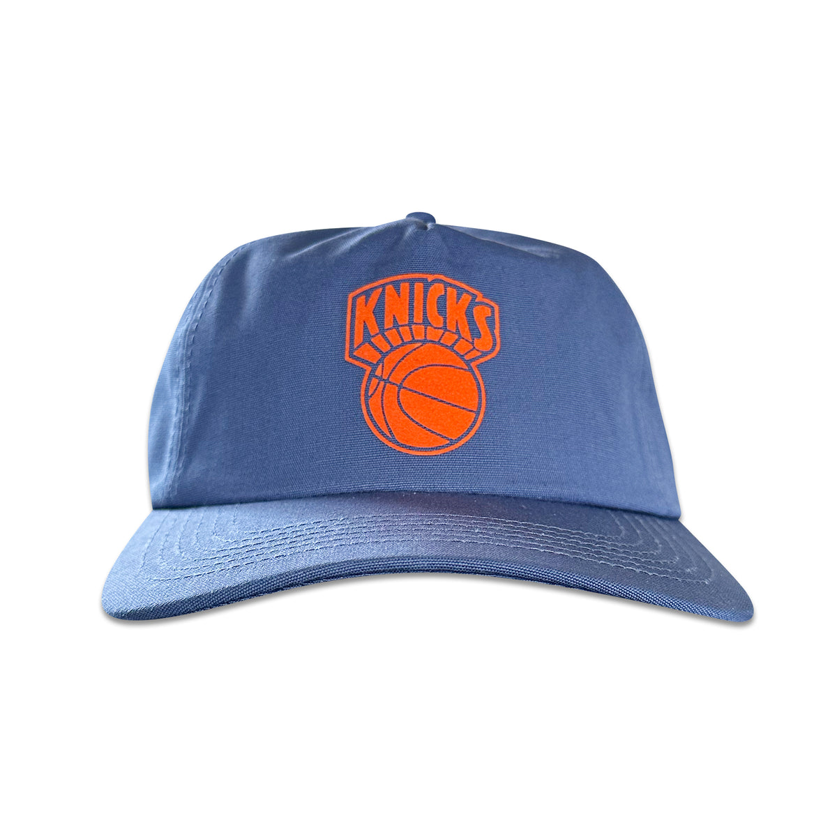 Vintage New York Knicks Hat | 5 Panel Snapback Hat | Navy, navy hat with orange Knicks basketball logo, front view by My Store for Home page and Basketball