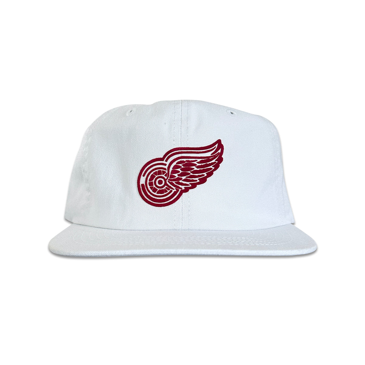 Vintage Detroit Red Wings Hat | 6 Panel Snapback Hat in white with a red winged wheel logo from My Store, featured in Home page and Hockey collections