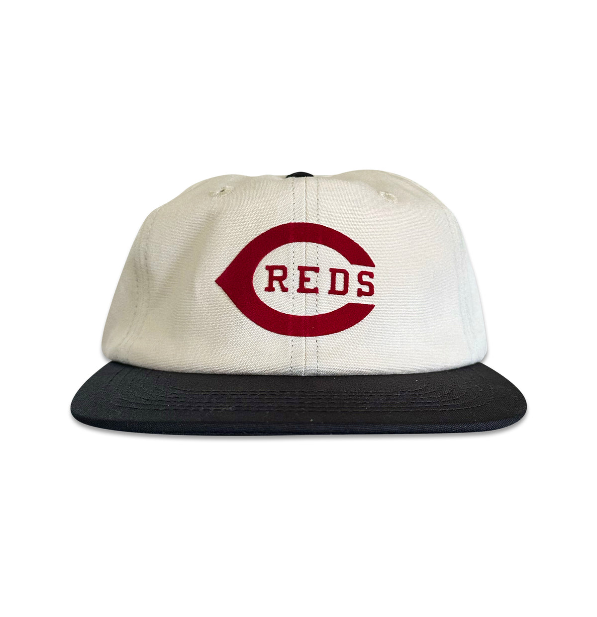Vintage Cincinnati Reds Hat | 6 Panel Strapback Hat in cream and black with a red Cincinnati Reds logo by My Store