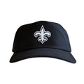 Vintage New Orleans Saints Hat | 5 Panel Black Snapback Hat, black five panel cap with a white fleur de lis logo on the front.