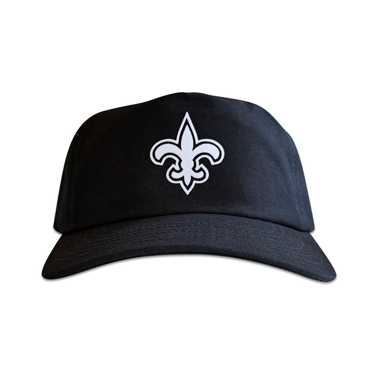 Vintage New Orleans Saints Hat | 5 Panel Black Snapback Hat, black five panel cap with a white fleur de lis logo on the front.
