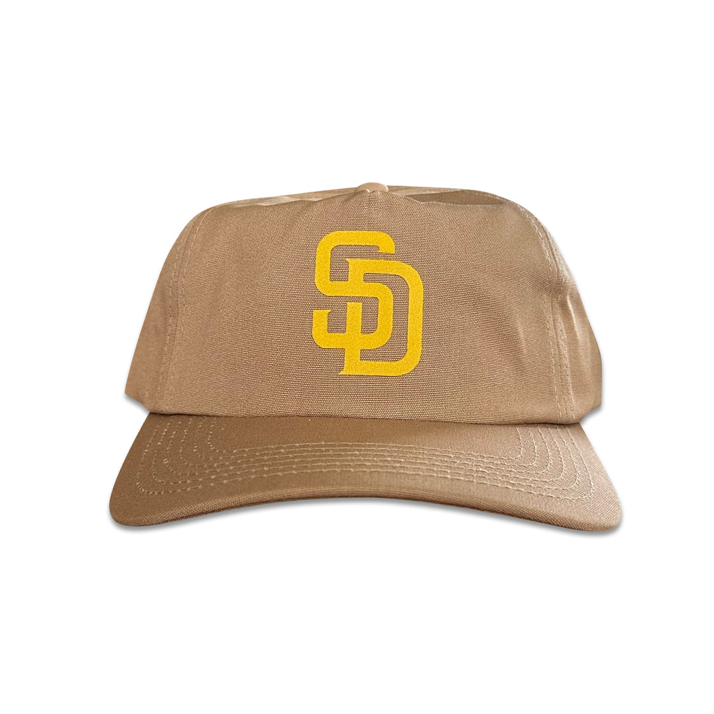 Vintage San Diego Padres Hat | 5 Panel Snapback Hat in khaki with yellow logo, shown from the front. My Store Baseball collection.