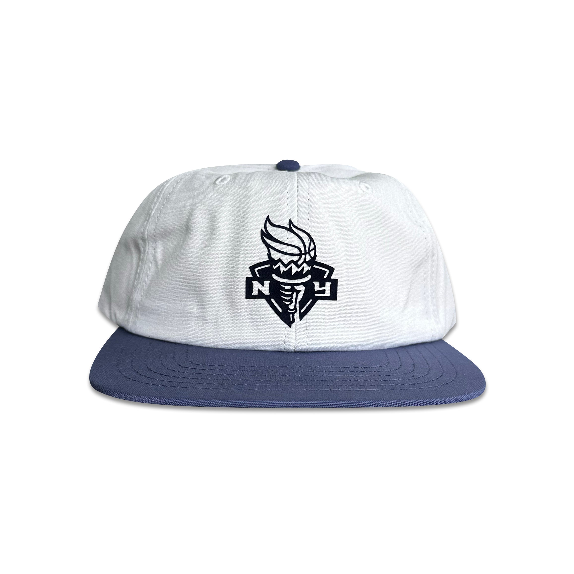 New York Liberty Hat | 6 Panel Strapback Hat, white and navy organic cotton hat with a New York Liberty logo patch by My Store