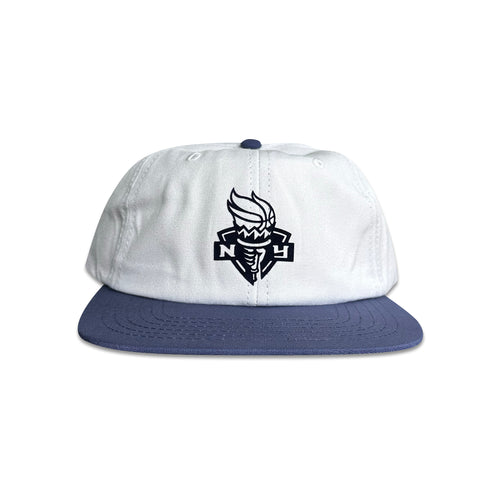 New York Liberty Hat | 6 Panel Strapback Hat, white and navy organic cotton hat with a New York Liberty logo patch by My Store