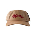 Vintage San Francisco 49ers Script Hat | 5 Panel Snapback Hat, tan cap with red 49ers script lettering on a white background from My Store