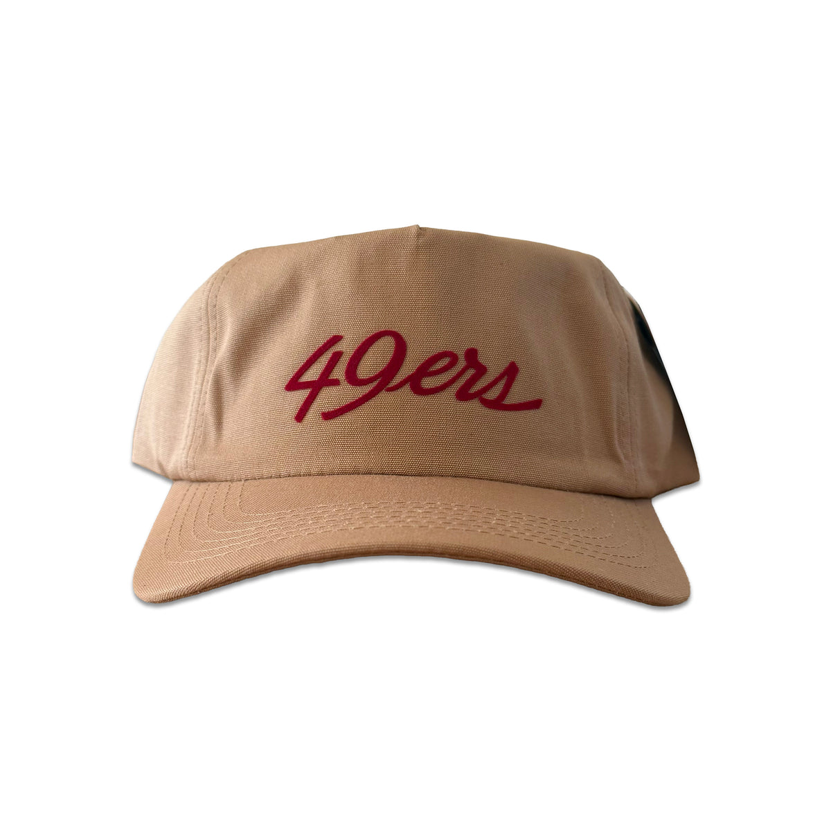 Vintage San Francisco 49ers Script Hat | 5 Panel Snapback Hat, tan cap with red 49ers script lettering on a white background from My Store