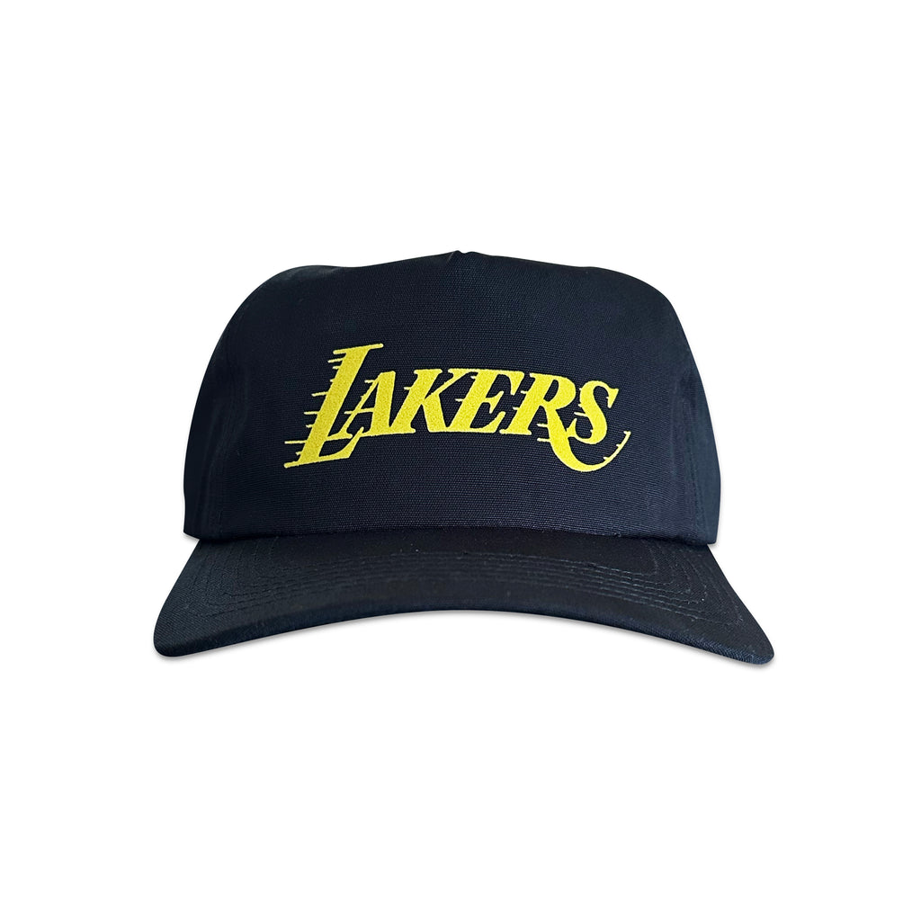 Vintage Los Angeles Lakers Hat | 5 Panel Snapback Hat in black with a yellow Lakers logo from My Store.