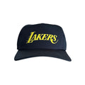Vintage Los Angeles Lakers Hat | 5 Panel Snapback Hat in black with a yellow Lakers logo from My Store.