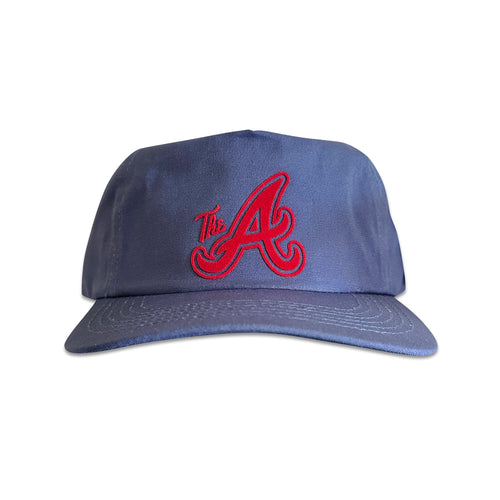 Vintage Atlanta Braves Hat | 5 Panel Snapback Hat in navy blue with a red Atlanta Braves patch, from My Store for the Home page and Baseball collection