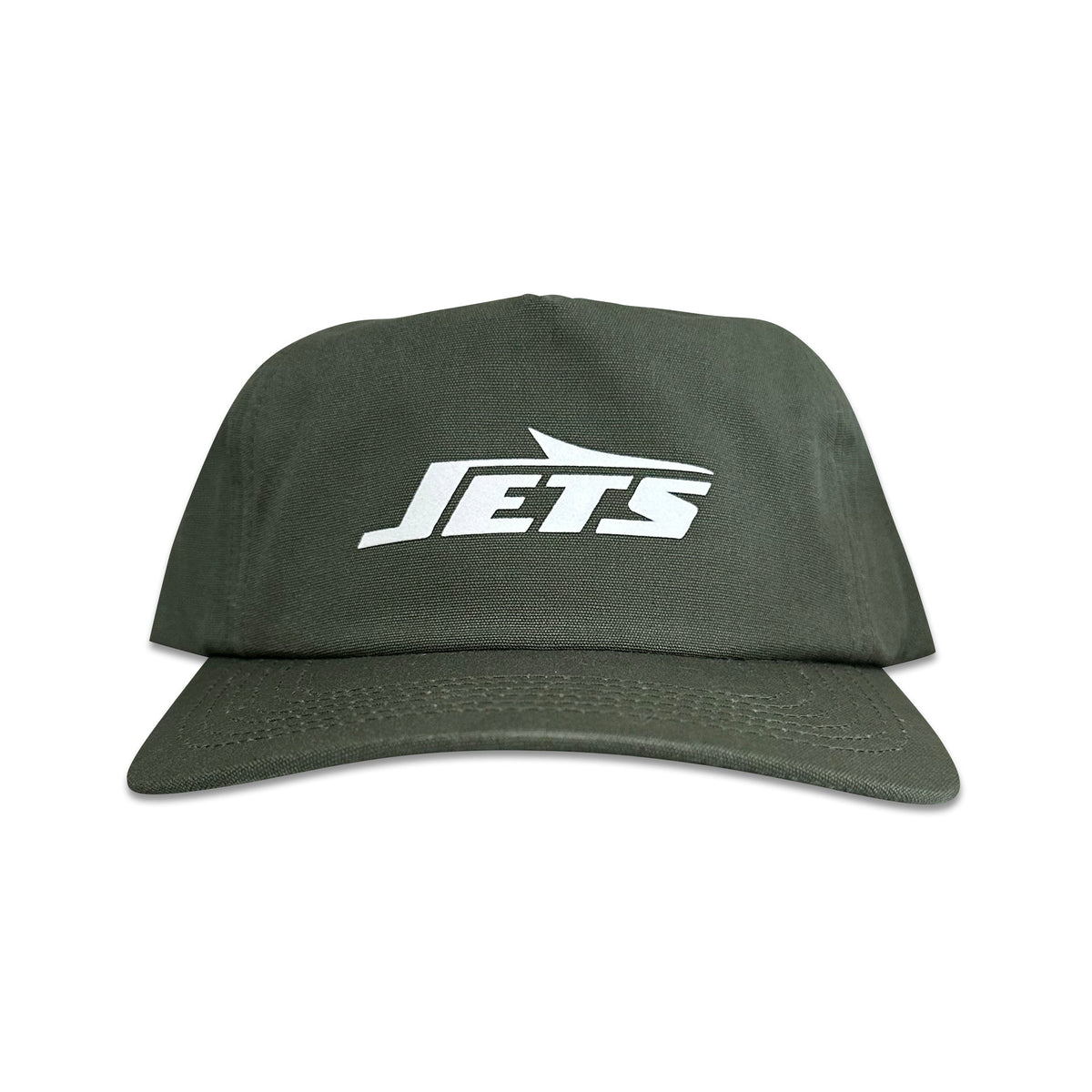 Vintage New York Jets Hat | 5 Panel Snapback Hat in forest green with white Jets logo, shown from the front. My Store, Home page, Football.