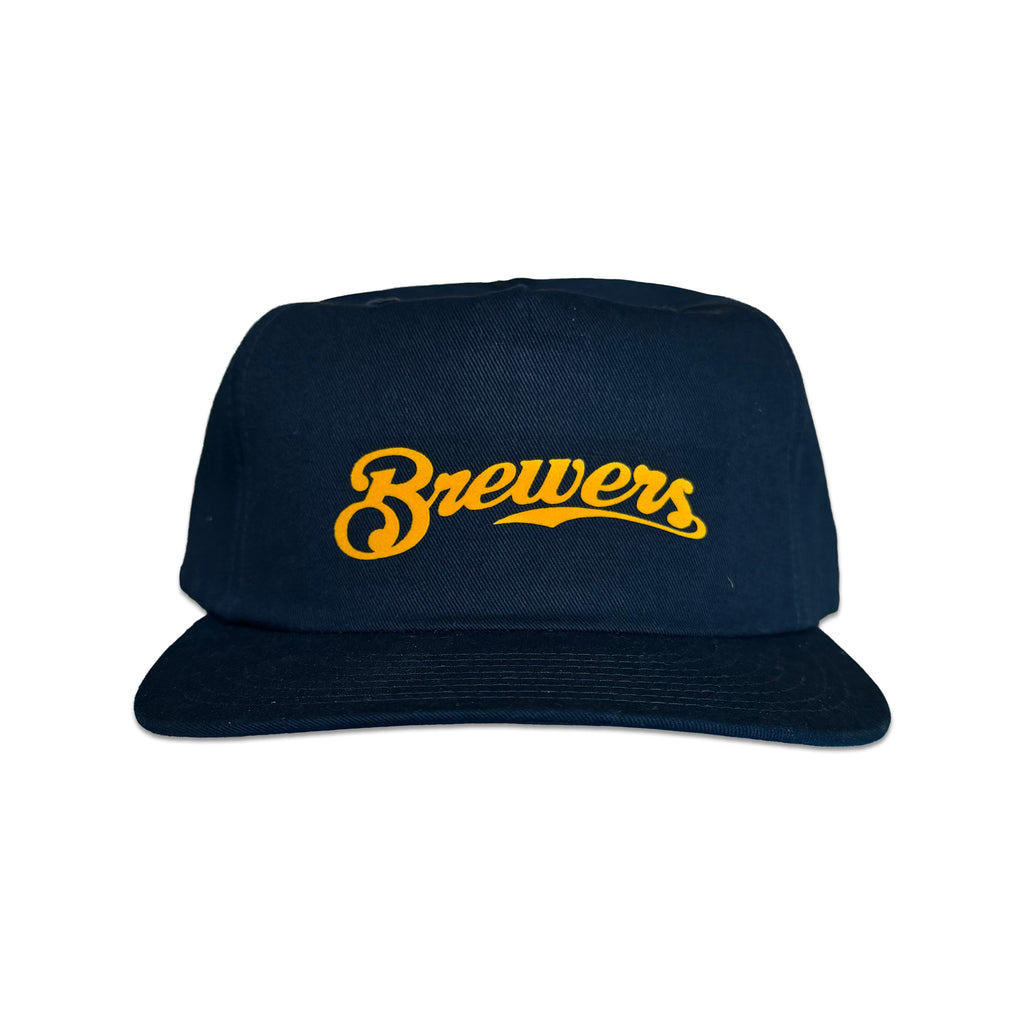 Vintage Milwaukee Brewers Hat | 5 Panel Snapback Hat in navy with gold Brewers script logo and flat brim, by My Store