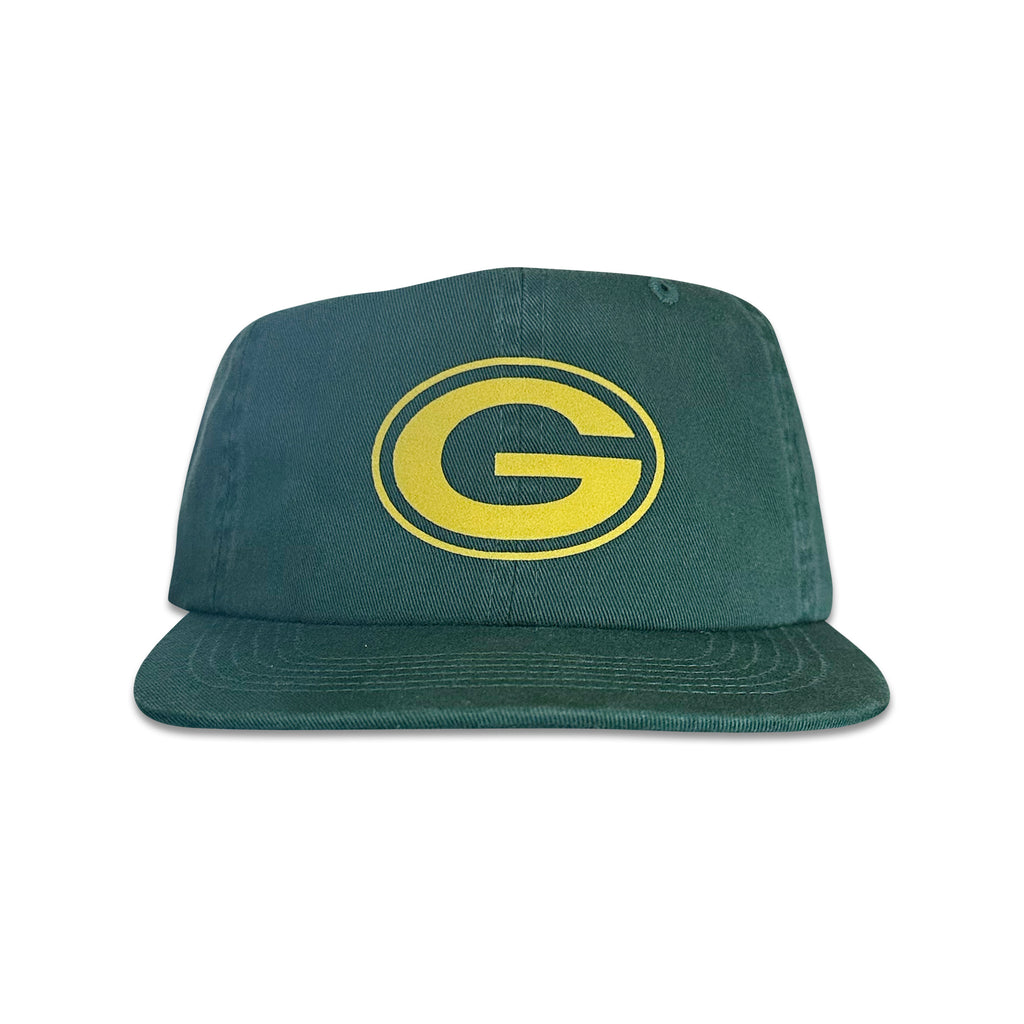 Vintage Green Bay Packers Hat | 6 Panel Snapback Hat in green with a yellow Packers logo and flat brim, by My Store