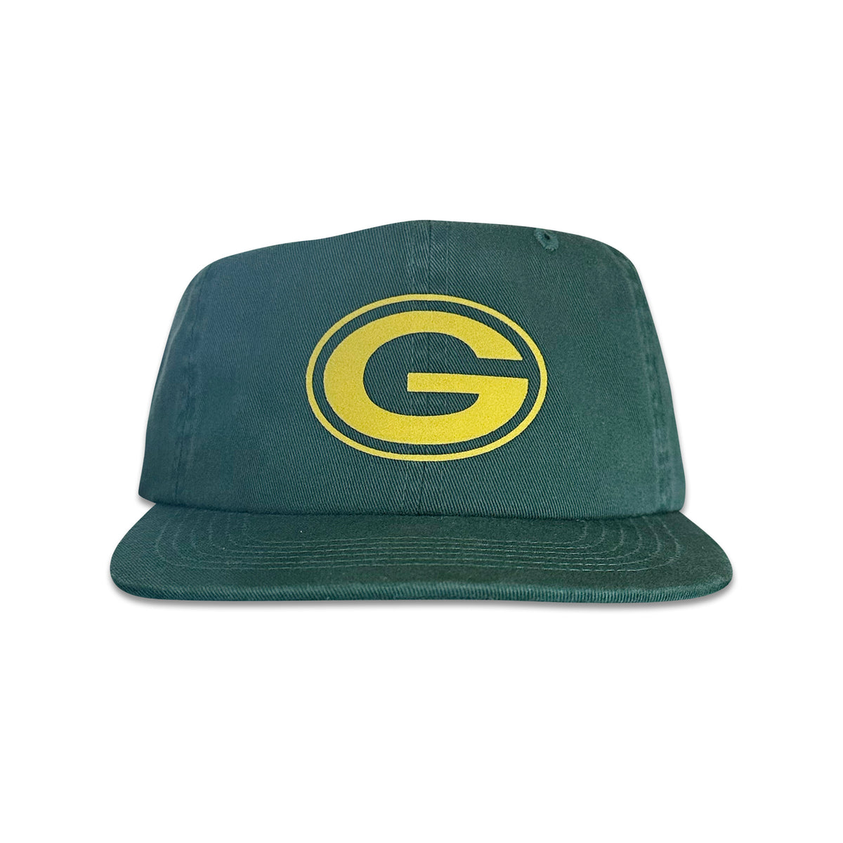 Vintage Green Bay Packers Hat | 6 Panel Snapback Hat in green with a yellow Packers logo and flat brim, by My Store