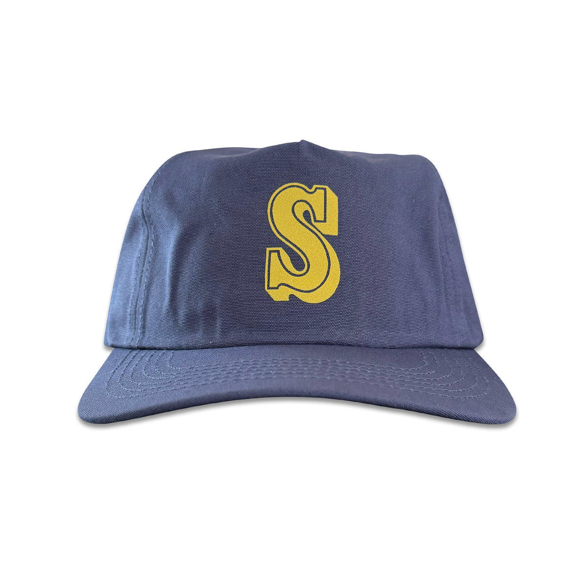 Vintage Seattle Mariners Hat | 5 Panel Snapback Hat in navy with a yellow S logo and curved brim, from My Store